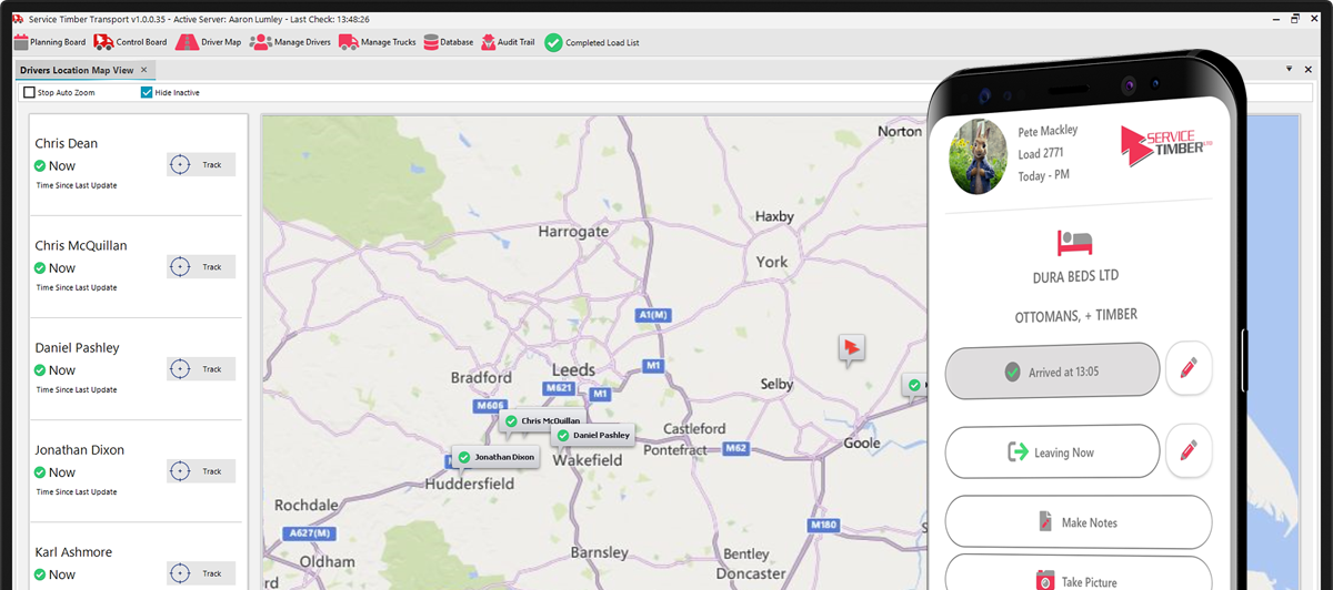 Transport routing and scheduling display with mobile app